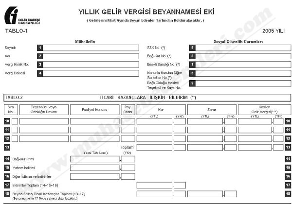 yıllık gelir vergisi beyannamesi ekleri