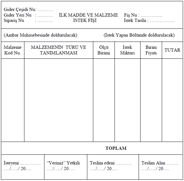 İlk madde ve malzeme istek fişi