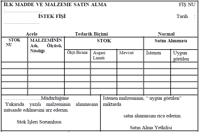 ilk madde ve malzeme satın alma istek fişi